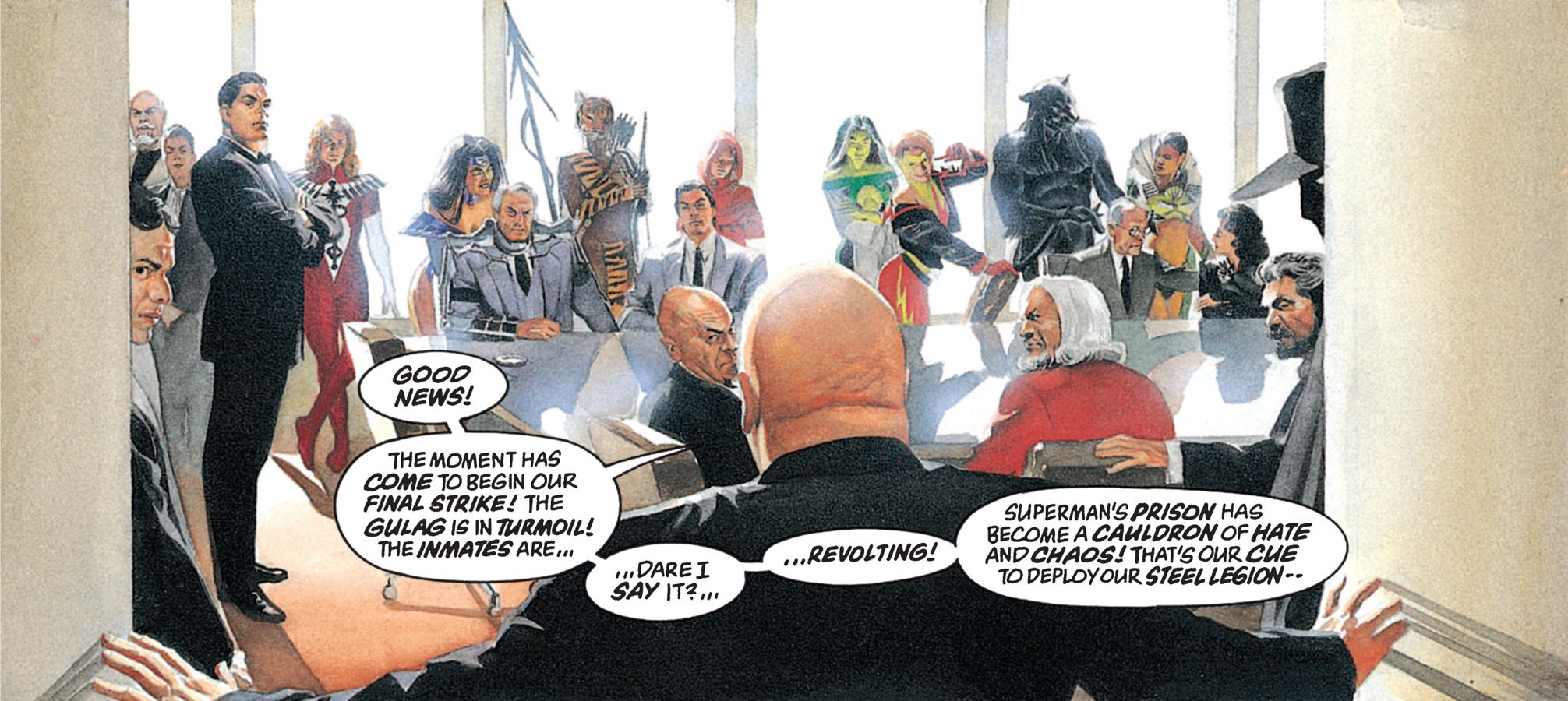 Lex Luthor enters the board room meeting place of the Mankind Liberation Front. In this scene, they are joined by Batman and his army.