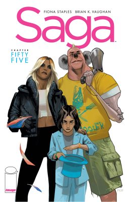 Portada de Saga #55, de izquierda a derecha: Alana, Hazel y Bombazine