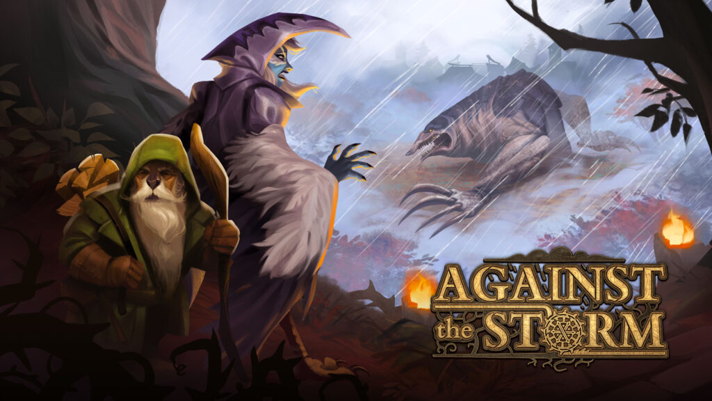 Portada del juego Against the Storm, uno de los mejores juegos del 2023. En el primer plano se ven 2 personajes humanoides: un castor y una harpía. En el fondo, un monstruo topo gigante asoma su torso por un agujero. 