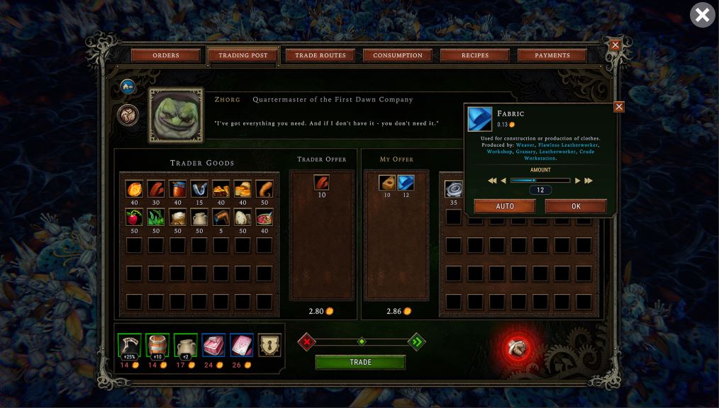 Captura de pantalla de Against the Storm, uno de los mejores juegos del 2023. Menu de comercio del juego. Un vendedor ofrece recursos necesarios para el asentamiento.